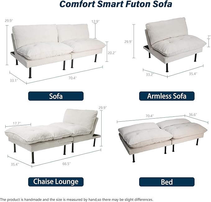 3 Sets 70" Futon Sofa Bed, 4 in 1 Multi-Function Couch Sleeper with Adjustable Backrest, Modern Convertible Futon, Recliner Small Loveseat for Living Room, Beige