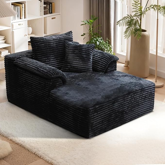 Oversized Chaise Lounge Chair Indoor, Upholstered Single 61'' Rolled Arm Boneless Cloud Sofa Bed Sleeper Couch, No Assembly Faux Rabbit Fur Memory Foam Reading Chair for Living Room Bedroom Black