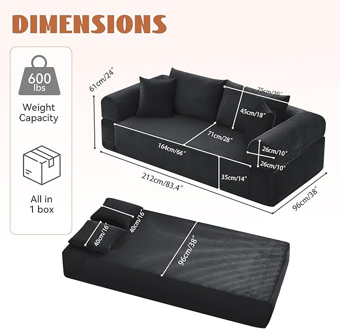 83" Sofa in a Box, 3 Seater Couch No Assembly Boneless Sofa Bed with Cushion Back 2 Matching Pillows Deep Seat Corduroy Fabric Side Storage Pockets for Living Room, Bedroom, Apartment, Office, Black