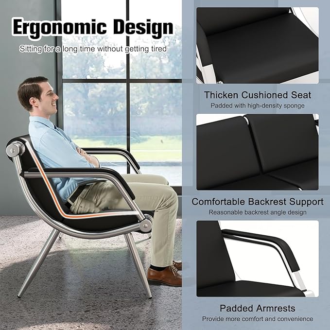 Kinquat Waiting Room Bench with Armrest - Lobby Reception Chairs, PU Leather Office Guest Seating Furniture for Salon Airport Hospital Bank, Black
