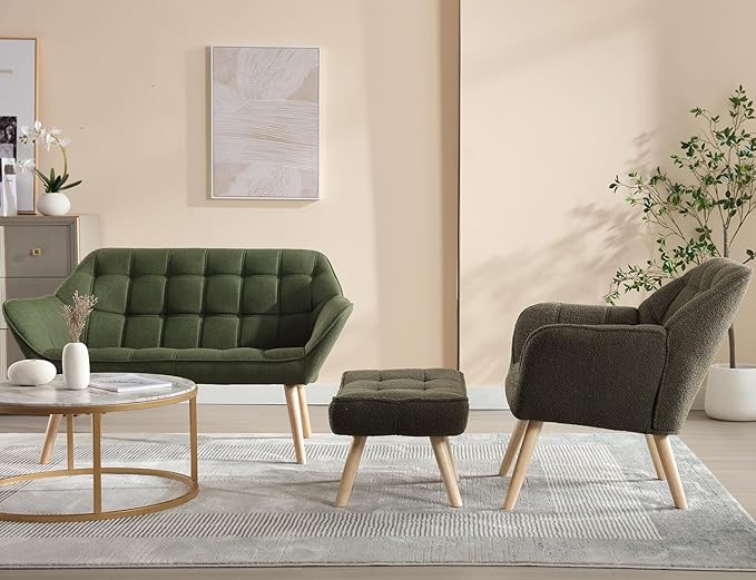 ZH4YOU Sherpa Accent Chair with Ottoman, Modern Fuzzy Reading Chair with Ottoman Upholstered Armchair with Wood Legs Comfy Lounge Chair for Small Spaces Living Room Bedroom Book Nook, Green