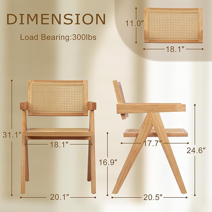 Cane Dining Room Chairs Set of 6, Modern Wood Kitchen Chairs with Arms, Light Malnut
