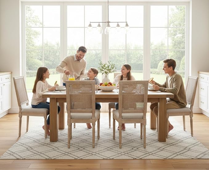 CIMOTA Farmhouse Dining Chairs Set of 2, French Rattan Dining Room Chairs with Rectangle Back/Distressed Wood Upholstered Vintage Side Chairs for Kitchen/Restaurant, Beige/2PCS