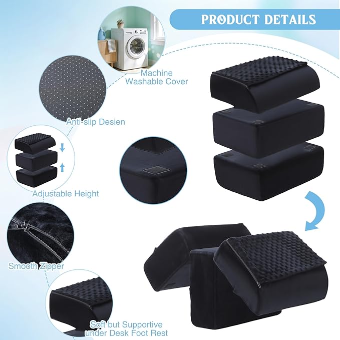 Novabright Adjustable Under Desk Foot Rest, Memory Foam Foot Stool with Gel Top and Warm Pocket Washable Cover Footrest for Office Chair Leg and Back Pain Relief (15" X 11" X 14.4",Cambered,Black)