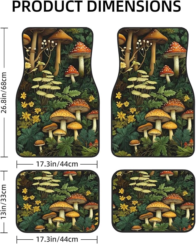 Artistic Fabric Car Floor Mats-Non-Slip Rubber Backing,Mushroom,Front (26.8x17.3in) & Rear (13x17.3in) Set-Water Absorbing, Durable Automotive Floor Liners with Stylish Patterns