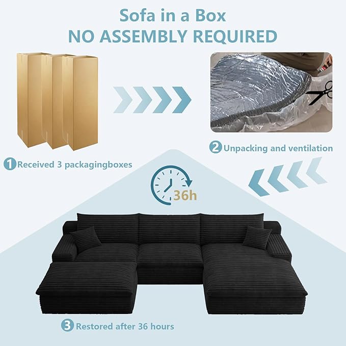 107" Cloud Sectional Couch with U-Shaped Chaise,Corduroy Viral Boneless Sofa with Ottoman,Memory Foam Couches in a Box with Deep Seat for Living Room,No Assembly Required(Jet Black,Right-Facing Chaise