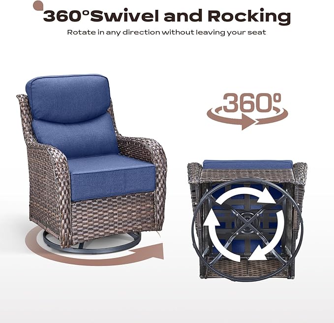 Rilyson Outdoor Swivel Rocker Chairs - All Weather Resistant Wicker Patio Furniture Set of 2 with High Back and 6 inch Thick Cushions for Deck Porch Yard and Poolside, Brown/Blue