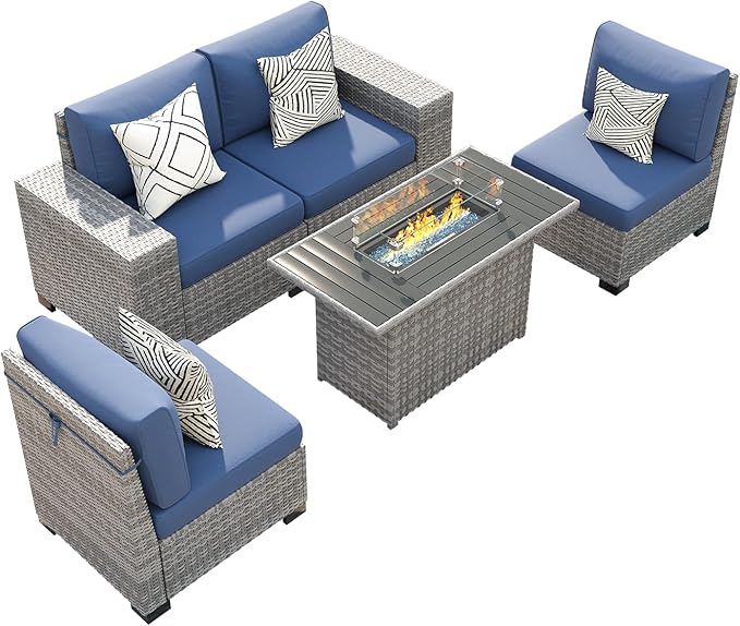 5 Piece Patio Furniture Set with Fire Pit Table, Outdoor Conversation Sets Grey Wicker Rattan Sectional Sofa, 4'' Thickened Cushion Navy Blue (Include Waterproof Cover)