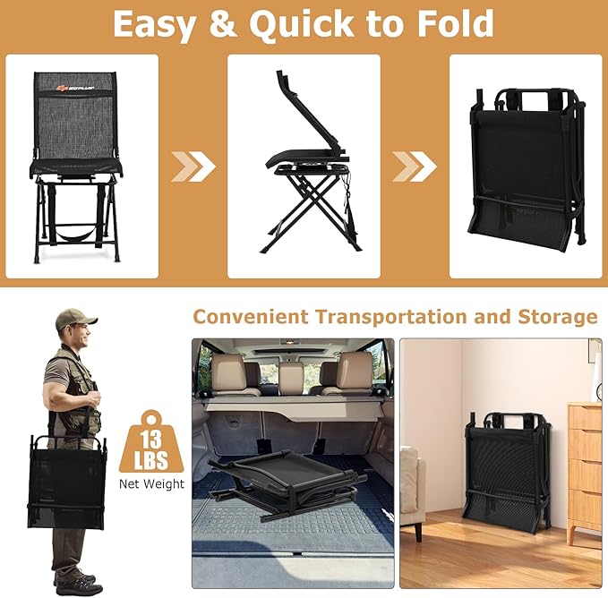 Goplus Hunting Chair, 360° Swivel Hunting Blind Chair with Carrying Strap, 330LBS Capacity, Folding Silent Deer Hunting Chair, Portable Ground Blind Chair for Fishing Camping, No Assembly