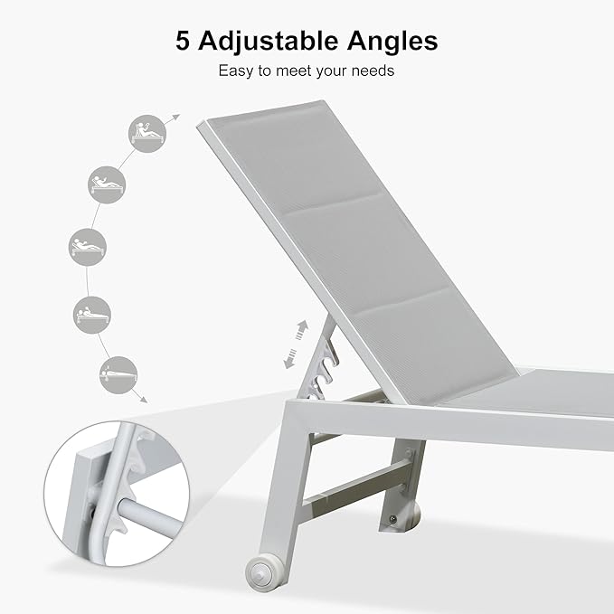 PURPLE LEAF Outdoor Oversized Chaise Lounge Set for Tall & Strong Individuals Adjustable Recliner Extra Wide Lounge Chairs with Side Table for Poolside Beach Patio Aluminum Chaise Lounger Cream