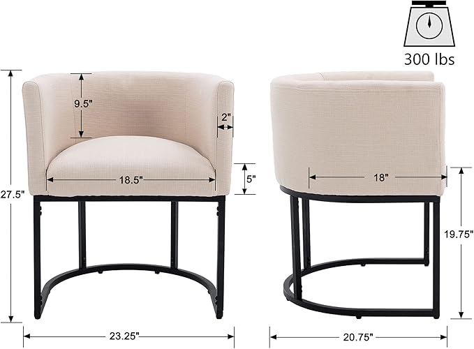 VESCASA Linen Upholstered Dining Chairs with Barrel Back, Mid Century Modern Padded Restaurant Chairs with Black Metal Frame for Kitchen, Dining Room, Set of 6, Cream
