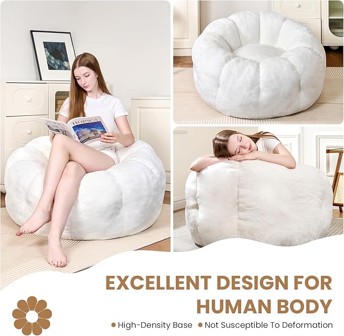 Bean Bag Chairs for Adults, Teens Beanbag Reading Chair with Petal Arm Rest, Comfy Faux Fur Fluffy Bean Bag for Youth Living Room, Bedroom, Dorm, Game - White, Large, Low Support