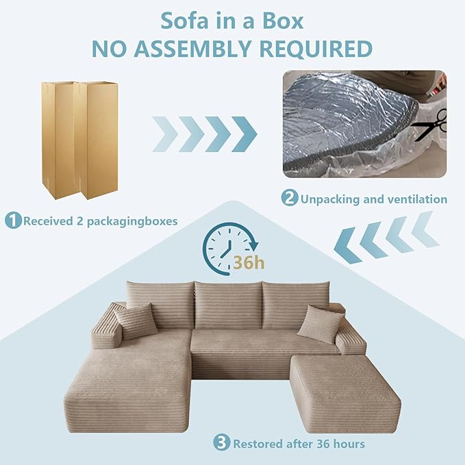 95" Cloud Sectional Couch with Ottoman,Modern U-Shaped Cloud Couch with Deep Seat,Comfy Corduroy 3-Seater Sofa,Memory Foam Sofa for Living Room,No Assembly (Camel,Left-Facing Chaise)