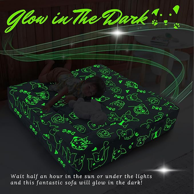 MeMoreCool Kids Sofa Couch, Glow-in-The-Dark Plush Cover, Convertible Foam Loveseat with Armrests & Pocket, Gray Dog Pattern, Playroom & Bedroom Children’s Furniture, 39" x 20" x 16"