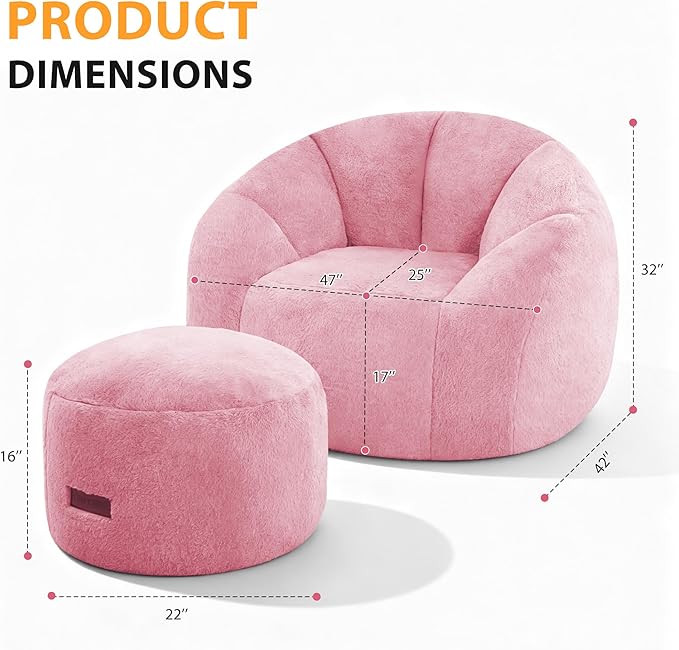 HABUTWAY Bean Bag Chair, Oversized Shell-Shaped Bean Bag Couch with Ottoman, Giant Beanbag Chair for Adults and Kids, Comfy Bean Bag Sofa & Footstool, Large Floor Sofa for Living Room Bedroom, Pink