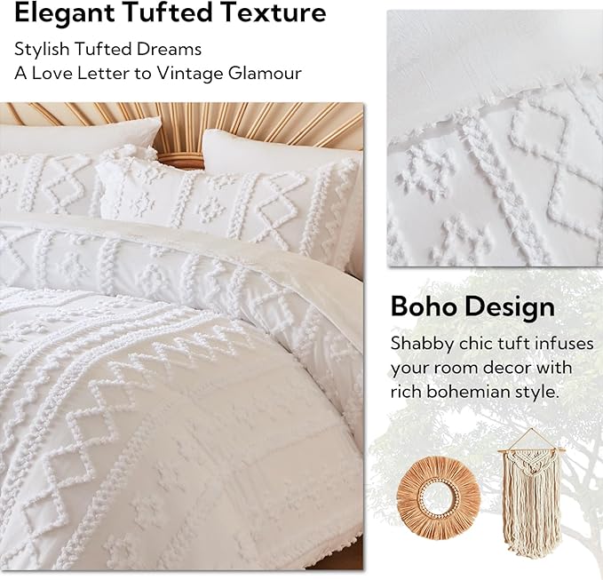 MR&HM White Twin XL Comforter Set for College Dorm, Boho Bedding Set, Bed in a Bag Set 5 Pieces with 1 Comforter, 1 Pillow Shams, 1 Pillowcases, 1 Flat Sheet, 1 Fitted Sheet for All Seasons