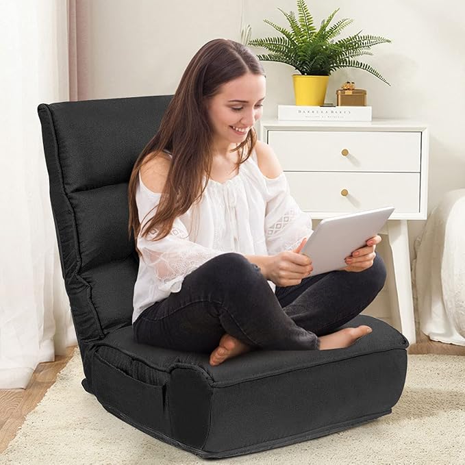 DORTALA Foldable Floor Chair for Adults, Memory Foam Gaming Chair w/ 5-Position Adjustable Head and Back Support, Indoor Seat for Bedroom, Living Room, Gaming Room, Black