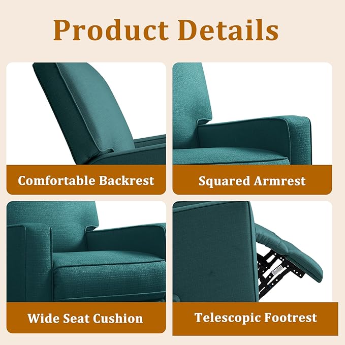 KeyEnergy Swivel Rocker Recliner Chair for Adults, High Back Fabric Recliner with Deep Seat, Manual Glider for Living Room & Nursery, Green