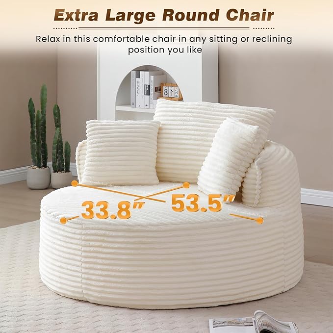 53"W Oversized Round Chaise Longue Chair Indoor,Corduroy Fluffy Comfy Cloud Chair,Circle Bean Bag Sofa with Foam Filling & Pillows,Boneless Reading Cozy Sofa Chairs for Living Room,Bedroom,White