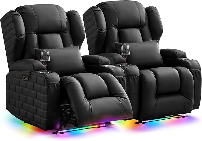 Wall Hugger Power Recliner Chair with Heat and Massage, Overstuffed Reclining Sofa Chair for Living Room Home Theater RV with 3-Side LED Lights/Cup Holders/USB & Type C Port (Black)
