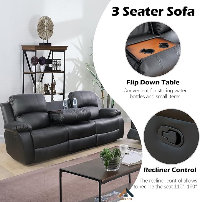 JBXBER Manual Recliner Sofa Set for Living Room, Leather Reclining Sofa Sets, Faux Leather Couch Set with Cup Holders, Drop-Down Table and Storage Console(Sofa and Chair,Black)