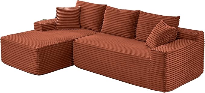 HYJT-H&K Modular Sectional Sofa Cloud Sectional Couch, 95" Comfy Fluffy L Shaped Orange Couches for Living Room, Deep Seat Memory Foam Plush Corduroy Boneless Couch Sectionals Left Facing Chaise Sofa