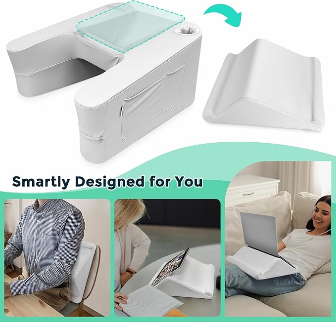 DeskLogics Ultimate Gaming Pillow & Lap Desk Combo,Large Ergonomic Bed Rest with Cup Holder, Phone Stand & Pockets, Reading Pillow for Adults, Laptop Stand for Bed & Couch, Dorm Room & Gamer Gifts