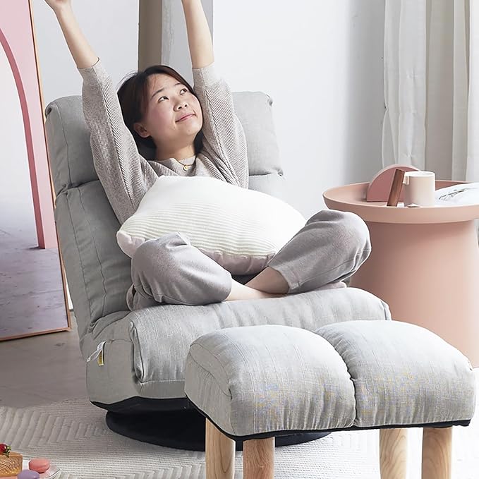 360° Swivel Folding Floor Chair, 3-Position Adjustable Back & 14-Level Headrest Floor Sofa, Multi-Functional Recliner for Living Room, Bedroom, Dorm (Gray)