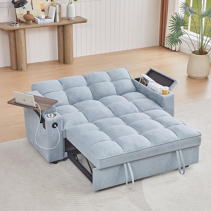 oaaktu 65''Convertible Sleeper Sofa Bed,3-in-1 Pull Out Couch Bed with 360 Degree rotatable Side Table and USB Ports for Living Room,RV (07 Light Grey)