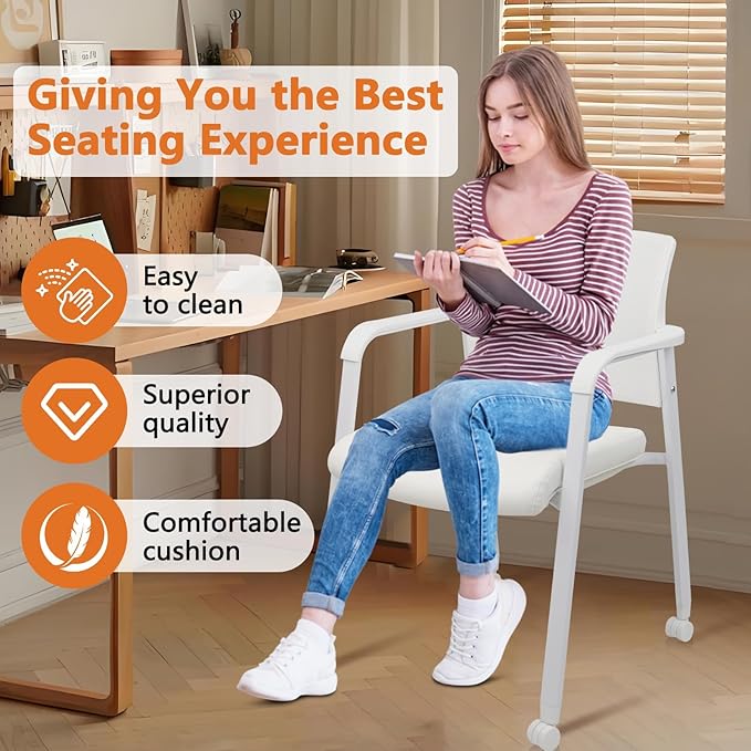 CLATINA Rolling Conference Chairs, 1 Pack Stackable with Wheels and Paddle, Ergonomic Mesh Back and Arms for Meeting, Training Room & Home Office (White)