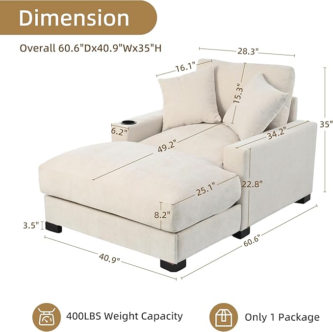 Oversized 60" Chaise Lounge Sofa, Chaise Lounge Recliner with Adjustable Backrest, Built-in Cup Holder USB and Type-C Port, 2 Pillows, Sleeper Couch with Deep Seat for Living Room, Bedroom, Beige