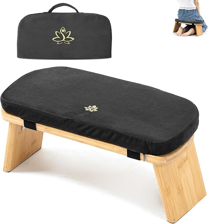 Estleys Meditation Bench, Bamboo Meditation Stool, Folding Kneeling Meditation Bench, Seiza Prayer Bench, Prayer Bench with Meditation Cushion, Kneeling Stool (Black & Bag)