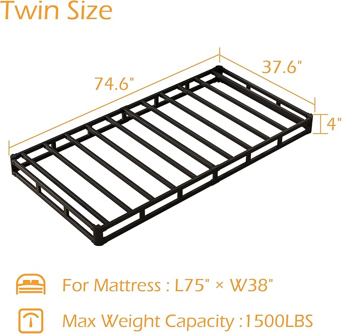 Maenizi Box Spring Twin 4 Inch Low Profile, Heavy Duty Metal Box Spring Bed Base with Fabric Cover, Mattress Foundation, Easy Assembly, Noise Free, Black