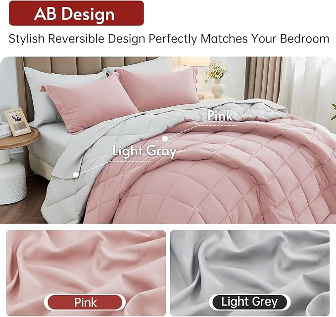 MUXHOMO 5 Pieces Twin XL Comforter Set, Reversible Bed in a Bag Twin XL Size, All Season Bedding Set with Comforter, Flat Sheet, Fitted Sheet, Pillowcases & Shams, Pink & Light Grey