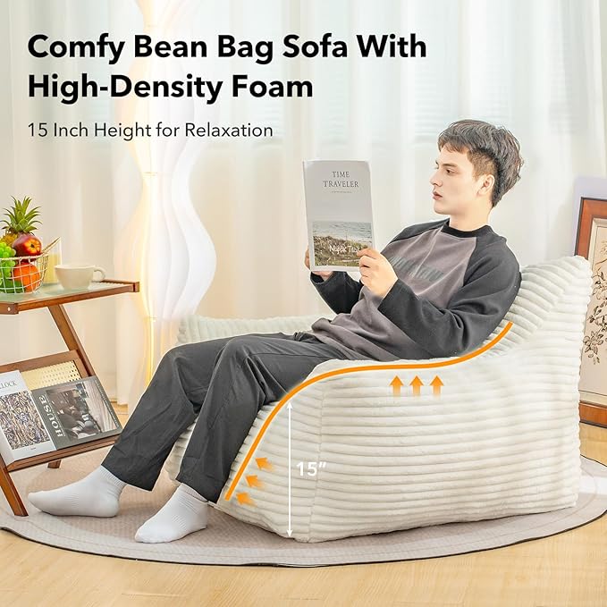 Giant Bean Bag Chair for Adults, Corduroy Upholstered Beanbag Chair with Side Pocket, Comfy Bean Bag Sofa with Portable Handle, Floor Sofa Chair for Bedroom (White)