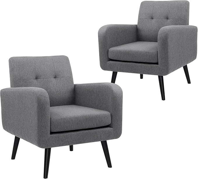 LSSPAID Accent Chairs Set of 2, Modern Gray Linen Fabric Living Room Chairs, Comfy Upholstered Armchairs Single Sofa Chair with Solid Wood Legs for Apartment, Reading, Office