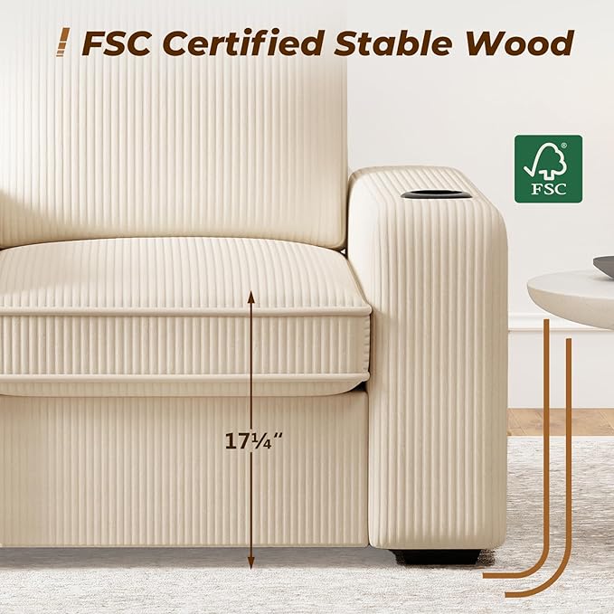 Furnimart 58" Wide Plush Loveseat, 2-Seater Sofa with Dual-Port USB Charger & Cup Holders, Corduroy Fabric, Modern Accent Couch for Small Spaces, Apartment, Living Room(Corduroy-Beige)