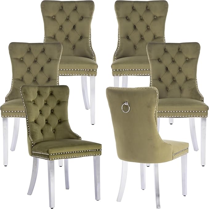 YeahFurn Mid Century Modern Dining Chairs Set of 6, Olive Velvet Upholstered Tufted Back, Kitchen & Dining Room Chairs, Brushed Silver Metal Legs, Nailhead Trim, Sillas para Comedor (Olive, 6 Pcs)