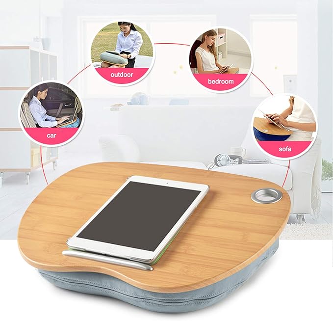 Multifunction Laptop Desk, Portable Lap Desk with Cushion, 3 in 1 Bed Table for Home Office Outdoor Use, Soft Cloth Cover and Durable MDF Board for 14 Inch Laptops (Grey)