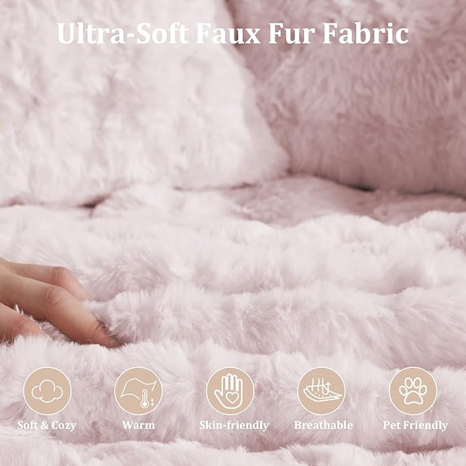55" W Oversized Round Chaise Lounge Chair with Ottoman Indoor Boneless Faux Fur Plush Fluffy Circle Couch Soft Comfy Cozy Cloud Reading Chair with 5 Pillows for Living Room, Playroom, Bedroom - Pink