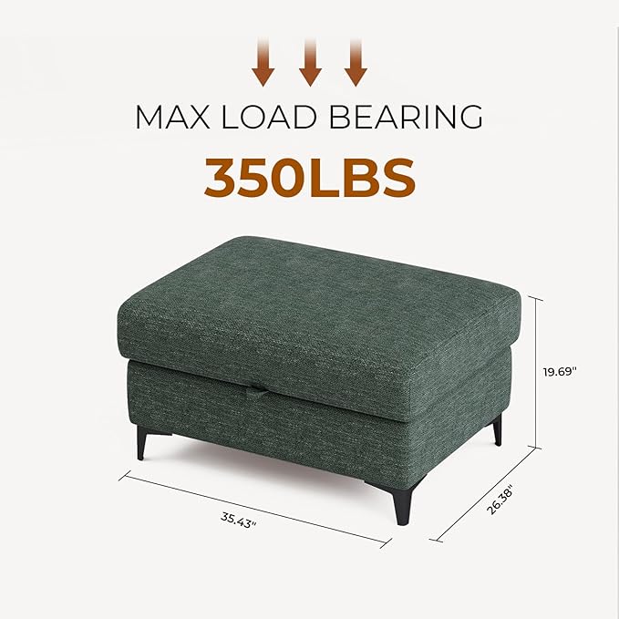 Upvilla 35" Large Storage Ottoman for Living Room, 7.8" Deep Seat Rectangular Ottoman Foot Rest for Couch, Chenille Storage Footstool Load 350 lb （Green）