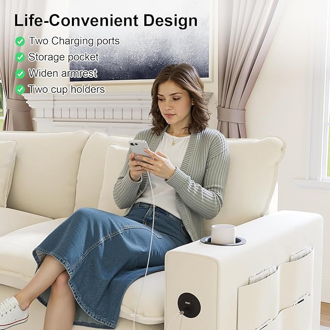 KCGKCG 152" Modular Sectional Sofa, U Shaped Cloud Couch with Movable Ottoman, Chenille Deep Seat Cloud Sofa with Charging Station, Cup Holder, Side Pocket, Sectional Couches for Living Room, Beige