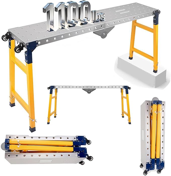1000 LBS Portable Folding Welding Table | Adjustable Height Work Platform with Casters | Galvanized Steel Construction | Heavy Duty Load Capacity Carbon Steel Work Bench for for Indoor/Outdoor Use