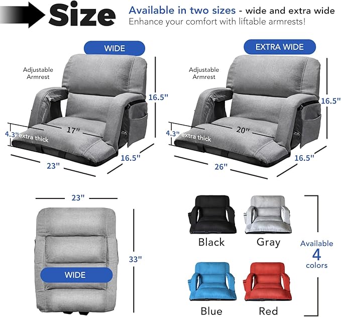 Wide Stadium Seats with Back Support, Exclusive Sofa Style Design Extra Thick Bleacher Chairs with Back and Cushion, 6 Reclining Positions - Ultimate Comfort for Sports Events (Grey, 25")