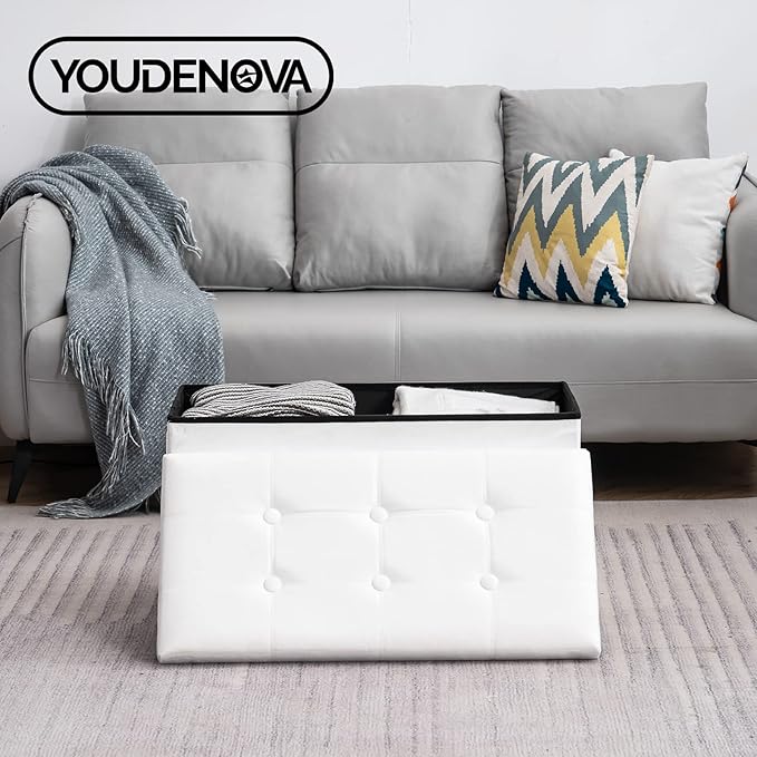 30 Inches Folding Storage Ottoman Bench, Velvet Storage Chest, Footrest Couch with Wooden Legs, Support 350lbs for Bedroom, Living Room, Hallway, White