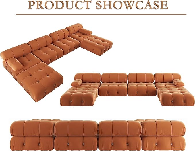 JACH U-Shaped Modular Sectional Couch, 138"" Minimalist Velvet Sofas, Convertible Couches, Mid-Century Modern Sectional Sofa with Chaise Ottomans for Living Room Apartment (Orange), 105OR-U-U