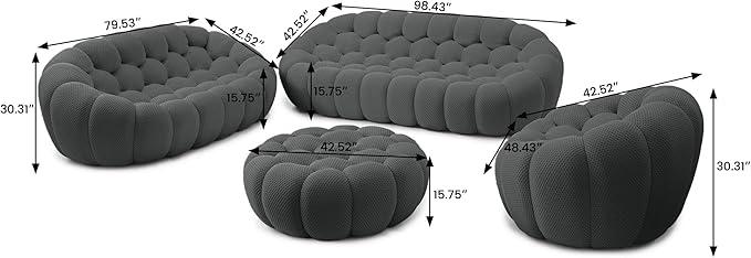 Modular Sectional Sofa,Bubble Couch Set,1 Seater+ LoveSofa+ 3 Seater+Ottoman,Modern Upholstered Bean Bag Sofa Couch Mesh Fabric Lazy Floor Chair Living Roon Sets ((Dark Gray, 98.43"+79"+48"+42")