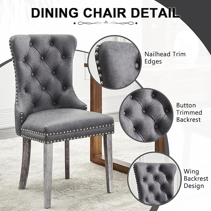 Kiztir Leather Dining Chairs Set of 2, Upholstered Dining Chair with Nailhead Trim and Solid Wood Legs, Luxury Wingback Dining Side Chair for Living Room, Bedroom, Kitchen (Grey)