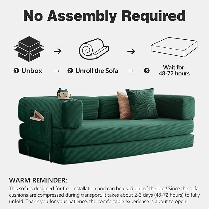 LIAROO 78.8" Convertible Sofa Bed -Compression Sofa with Corduroy Fabric - with Armrests and Backrest - Modular Sectional for Living Room, Bedroom, Studio - Compression Sofa in Box (Emerald Green)
