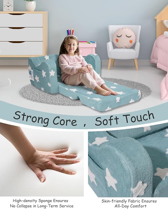 Toddler Couch, Kids Couch for Toddler Fold Out, 2-in-1 Convertible Kid Sofa to Lounger Bed for Girls and Boys, Ideal for Reading Sleeping Gaming Decor (Green)